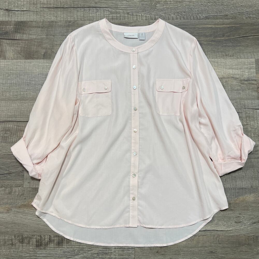 Chicos Modal Button Up Shirt 4 XXL Long Roll Tab Sleeves Baby Pink Top Classic